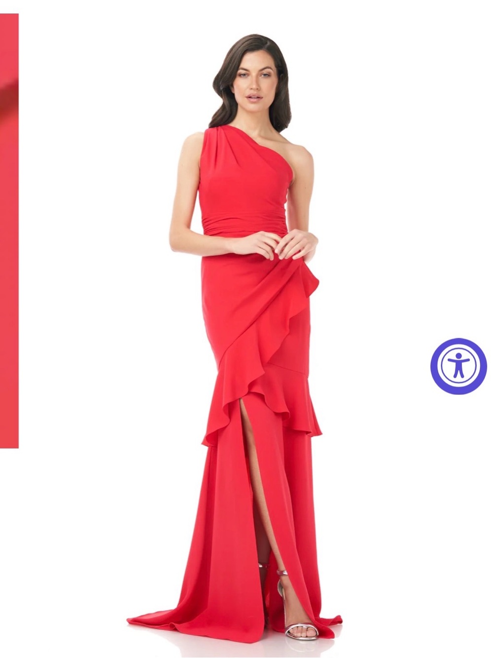 Theia Red One-Shoulder Ruffle Gown